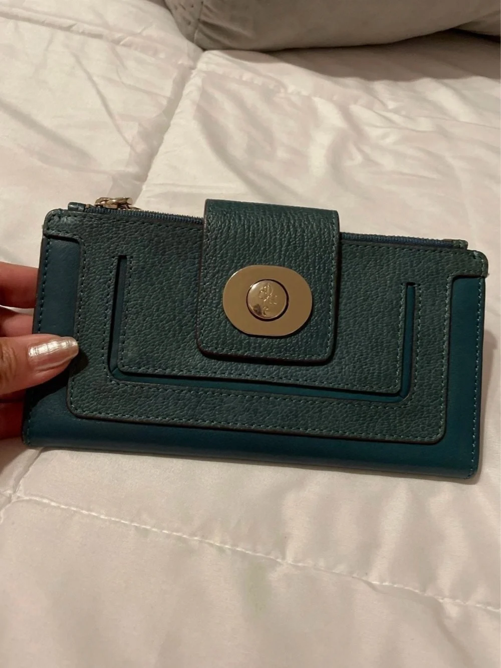 Cole Haan Teal Leather Continental Wallet with Gold-Tone Hardware